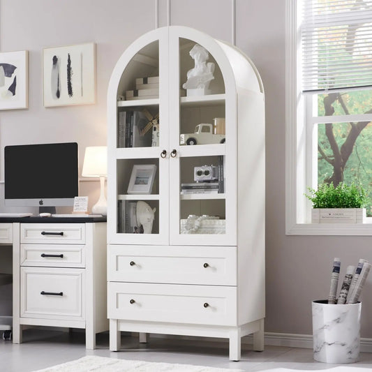 71 Inch Tall Arched Bookshelf with Glass Doors and Drawers