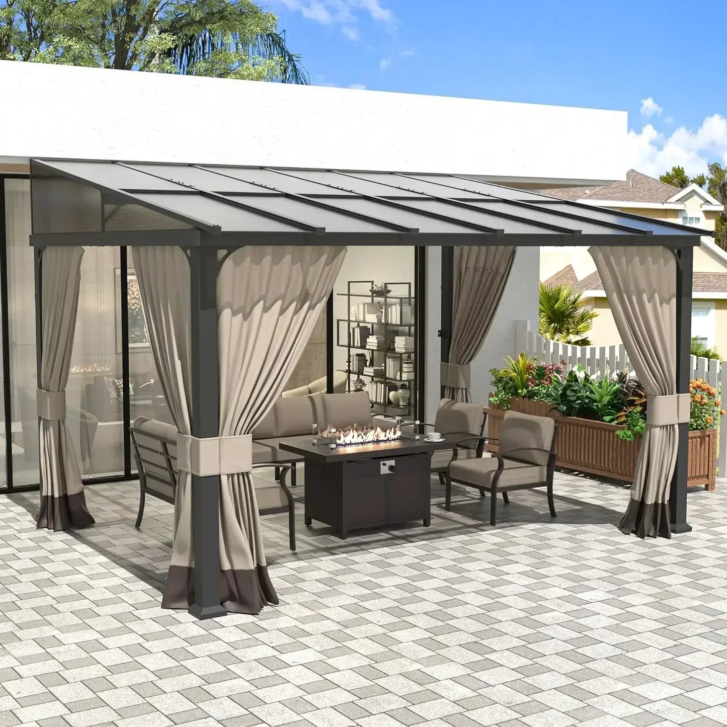 Outdoor Gazebo, Hardtop Wall Mounted Gazebos with Sloping Sun Panel Roof, Double Curtains, Gazebo