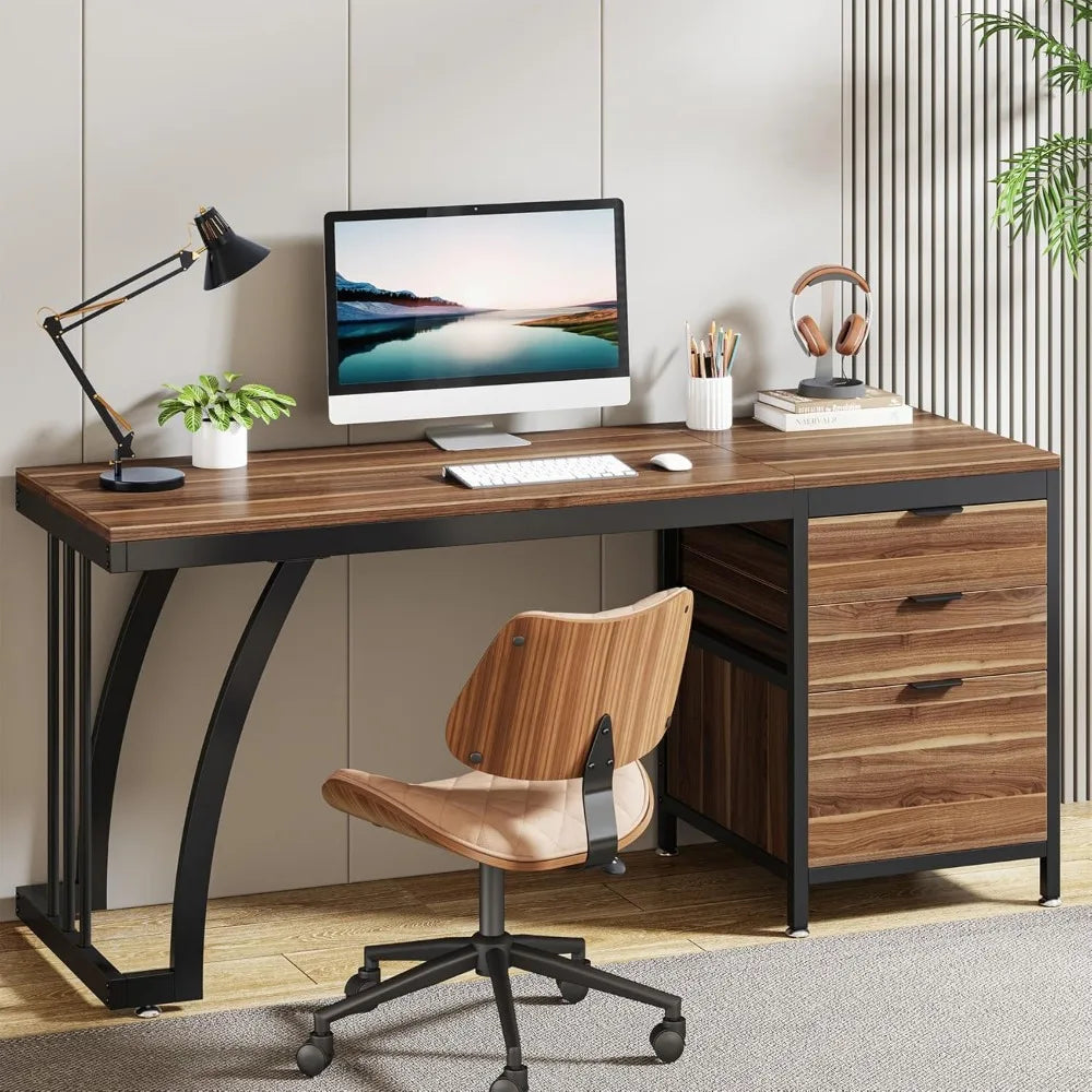59-Inch PC Desk with Reversible Drawers, Industrial Study Writing Table Workstation