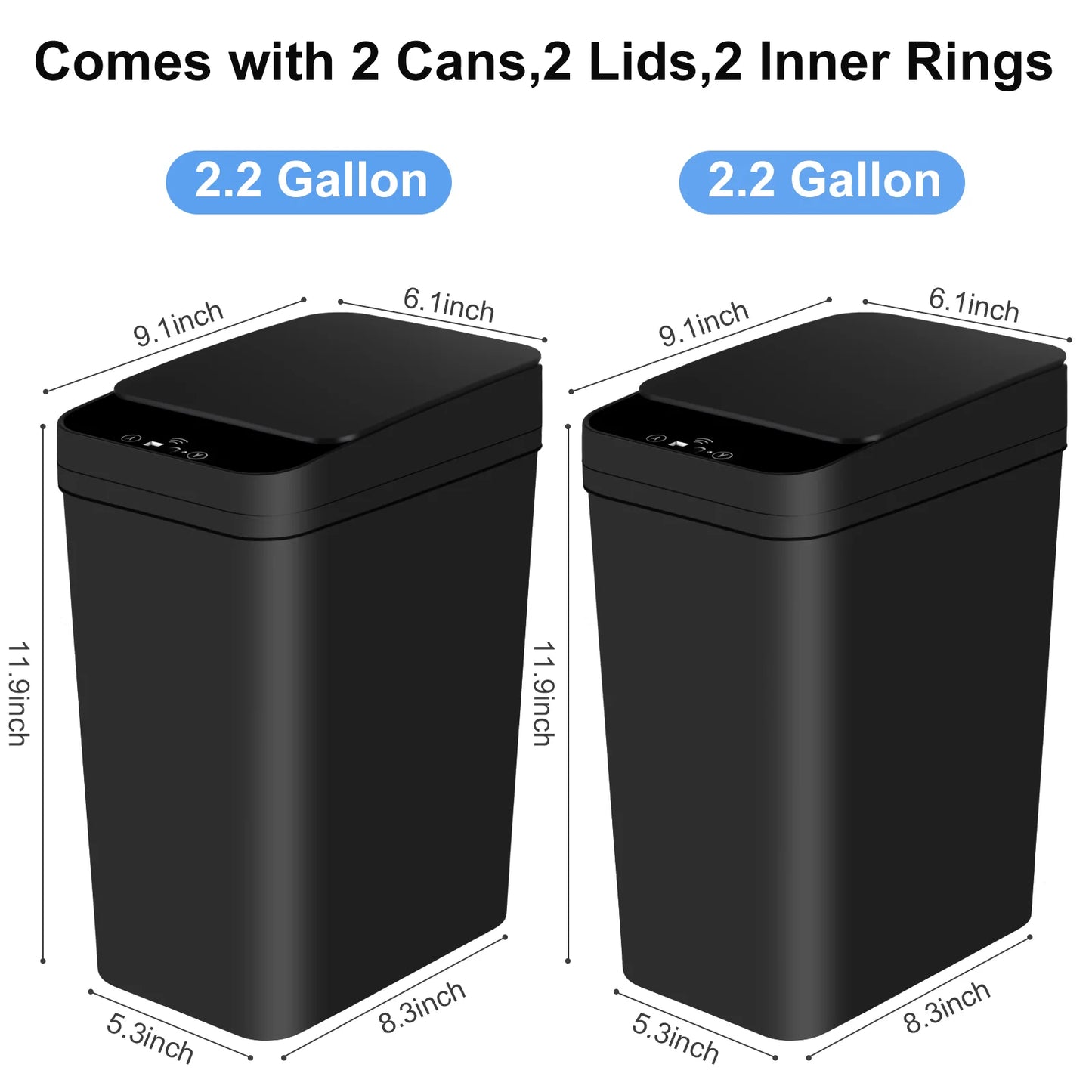 2 Pack 12L Touchless Motion Sensor Bathroom Trash Can Black
