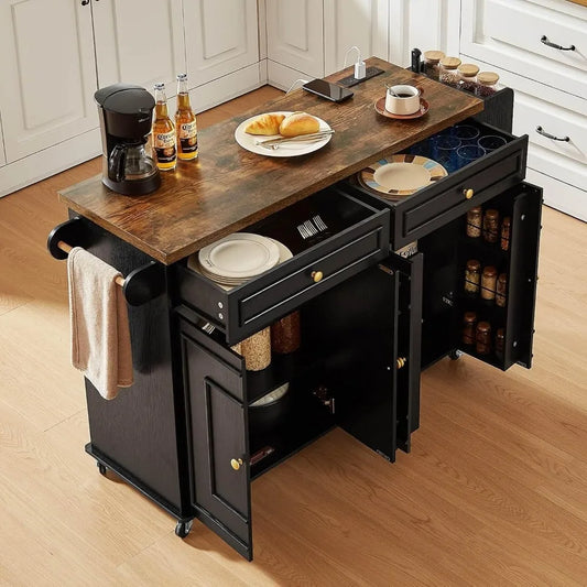 58 Inch Mobile Kitchen Island Cart with Power Outlet Adjustable Shelves and Engineered Wood Frame