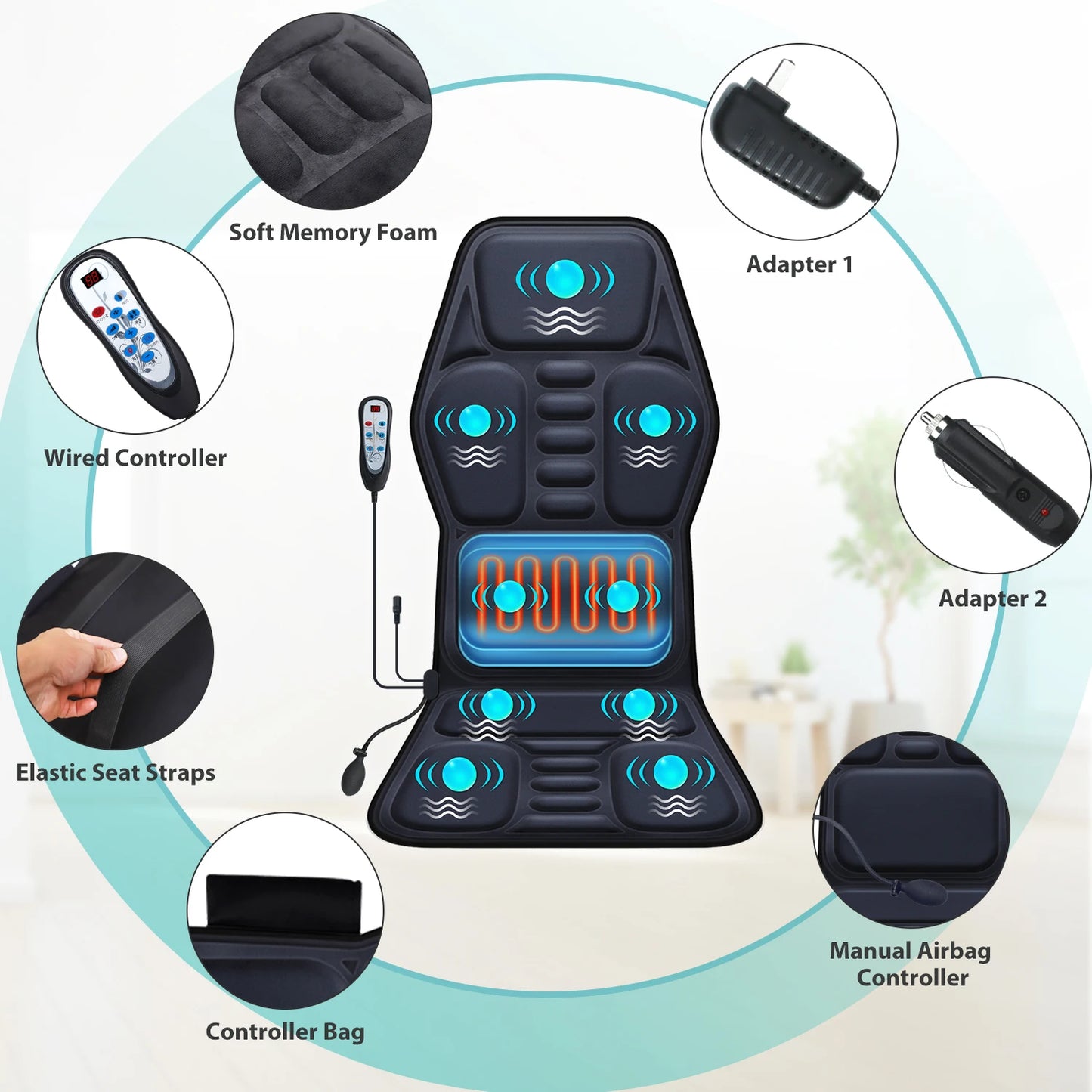 Massage Seat Cushion With Heating And Adjustable Lumbar Support